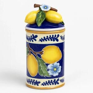 Blue Sky Ceramic 17498 Lemon Canister Medium Hand Painted Kitchen Jar